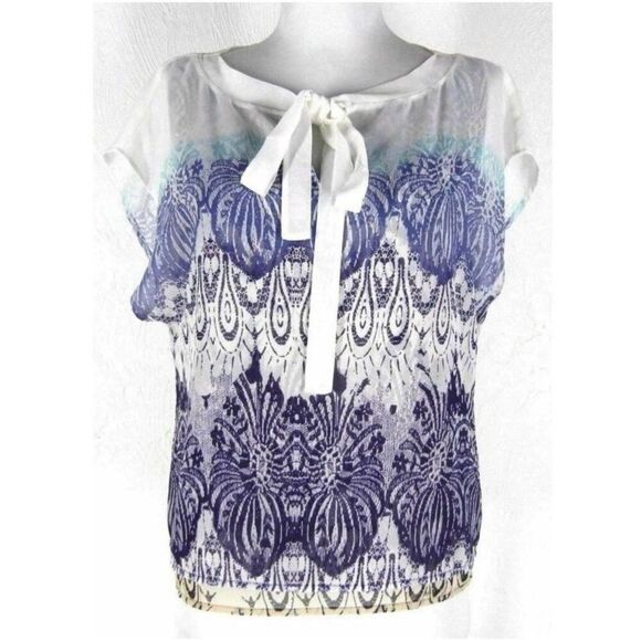 CAbi Tops - CABI Posh Top Art Deco Print Medium Bow Tie Neck Ivory Purple